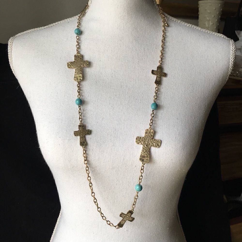 Turquoise Bead Hammer Gold Cross Necklace Set